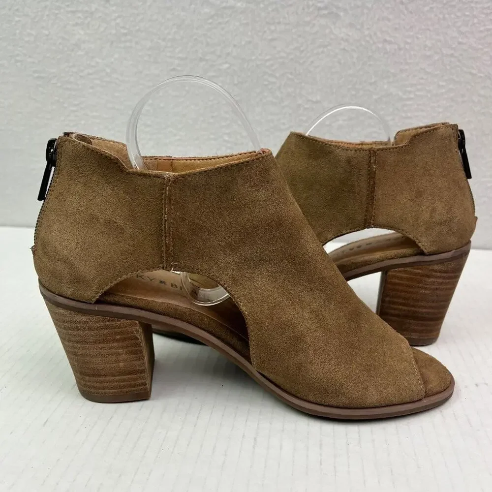 Lucky Brand Ankle Booties Womens 6.5 M Brown Keight Stacked Heel Open Toe Suede